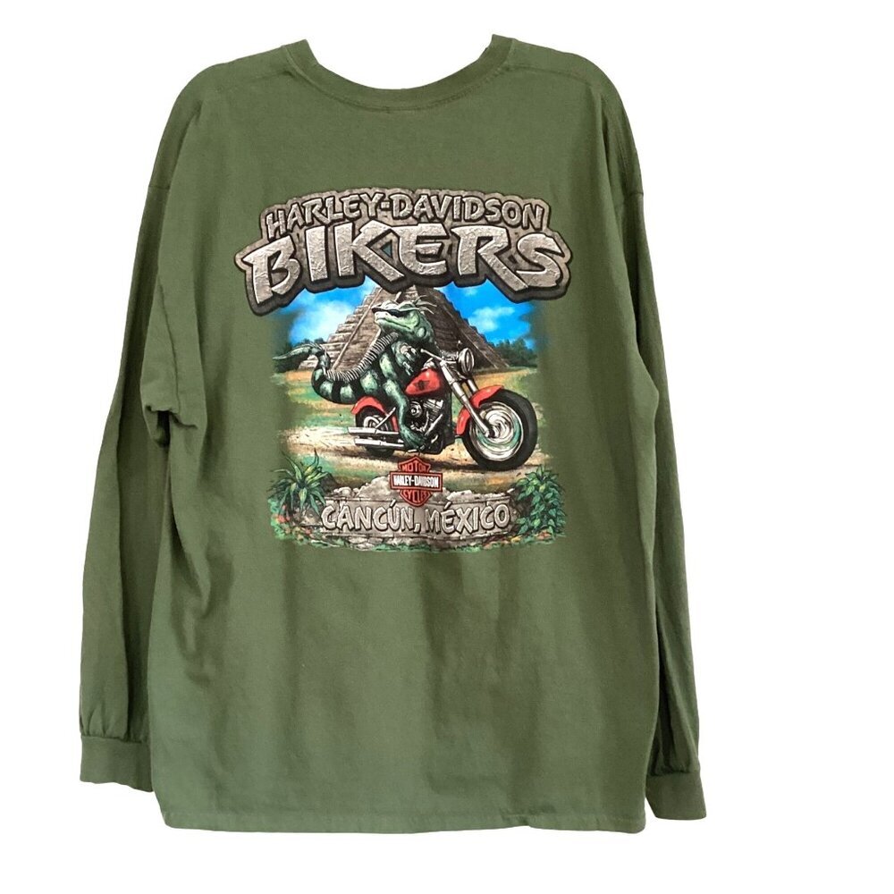 Harley Davidson Men's Green T-shirt Graphic Biker Long Sleeves L Cancun Mexico - Picture 1 of 14